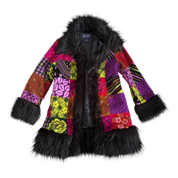 Children’s Place Penny Lane Faux Fur Trim Boho 60s Y2K Coat Patchwork Jacket 7/8 - Picture 1 of 8
